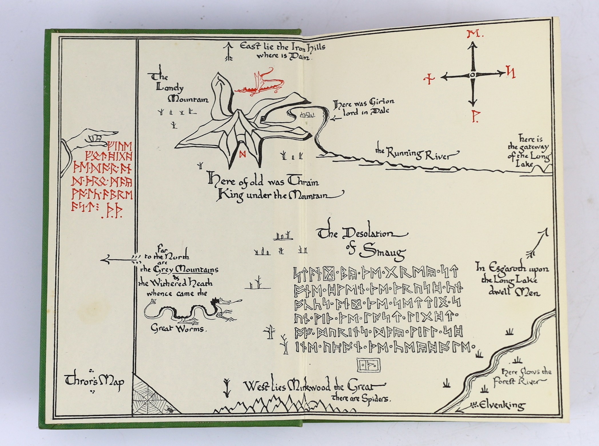 J.R.R. Tolkein - The Hobbit or There and Back Again, 2nd edition, 10th impression, (overall). coloured frontis. and 8 text illus. (7 full-page, by the author), 2 maps (in red and black) on e/ps.; publisher's pictorial cl